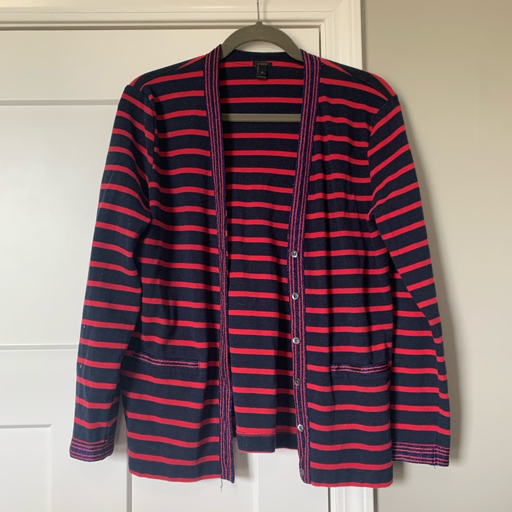 J. Crew Navy and Red Striped Cardigan